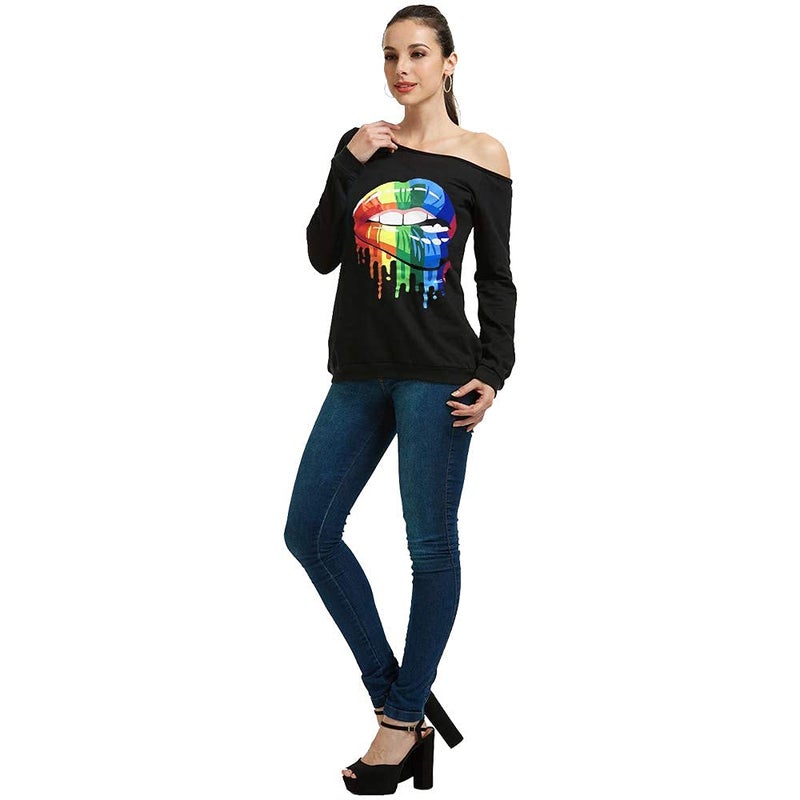 MAGICMK Women's Off Shoulder Long Sleeve,80s Outfit Sweatshirt Slouchy Printed Neon Long Tunics Top for Party-S - Image 5
